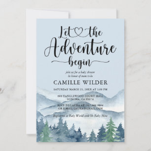 Invitation Forest Adventure Mountains Baby shower bleu