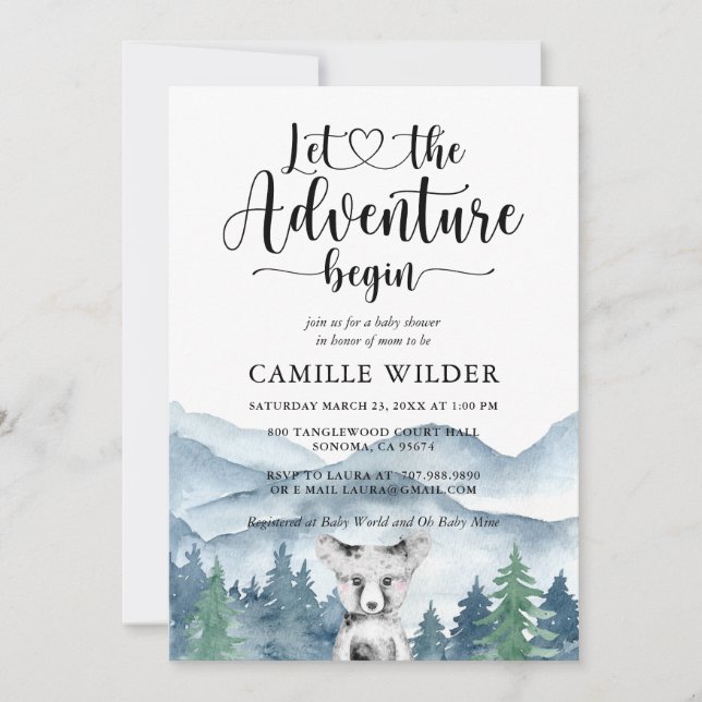 Invitation Forest Adventure Mountains Bear Cub Baby shower (Devant)