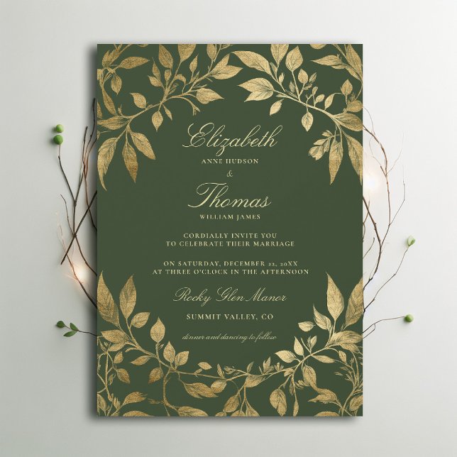 Invitation Forest Foliage Botanical Elegant Script Wedding (Moody Forest Foliage Frame Modern Classic wedding invitation emerald green gold elegant)