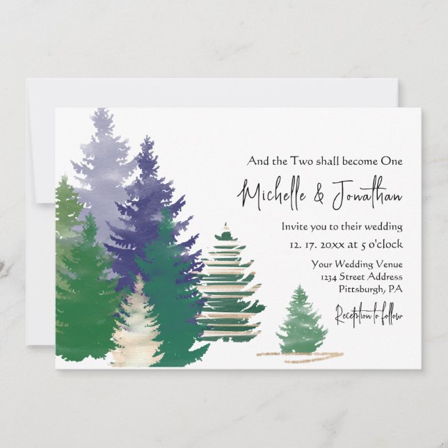 Invitation Forest Green Gold Pine Trees Mariage chrétien (Devant)