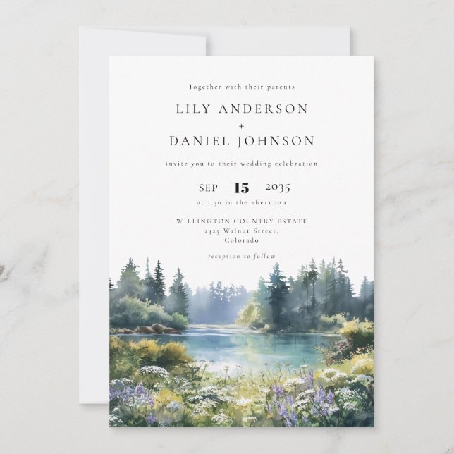 Invitation Forest Lakeside Wildflowers QR Code Wedding (Devant)