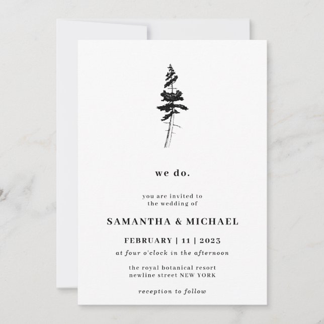 Invitation Forest Pine Tree Black White Rustic we do (Devant)