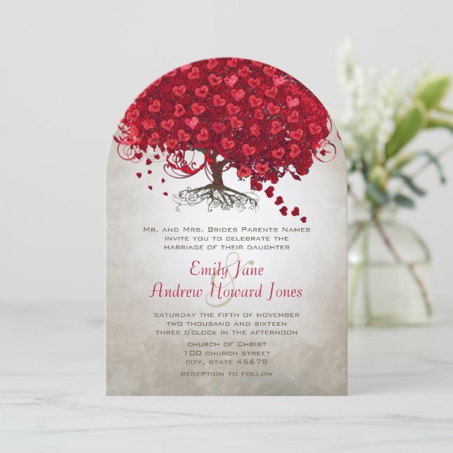 Invitation Forest Red Heart Leaf Tree Wedding Invite (Debout devant)