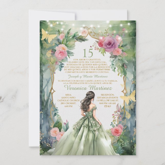 Invitation Forest Sage Green Princess Espagnol 15 Mis Provinc (Devant)