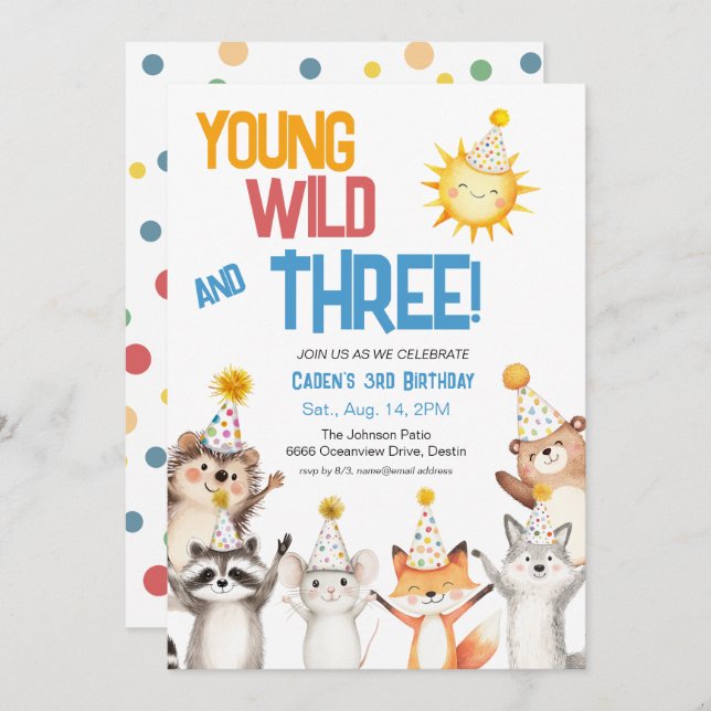 Invitation Forest Zoo Animals Party Hats 3rd Birthday (Devant / Derrière)