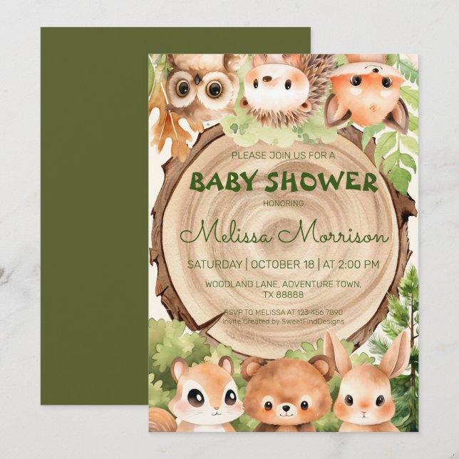 Invitation Forêt boisée Animaux et bois bébé garçon douche (Devant / Derrière)