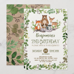 Invitation Forêt boisée et verdure Animaux 2e anniversaire