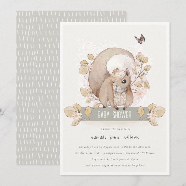 Invitation Forêt boisée mignonne Baby shower d'écureuil flora (Devant / Derrière)