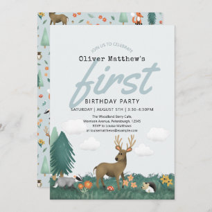 Invitation Forêt boisée mignonne et rustique Animaux 1er anni