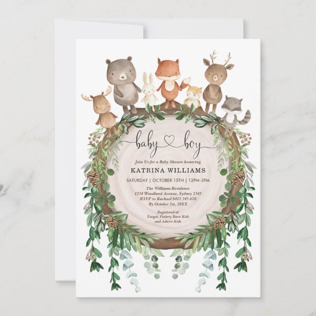 Invitation Forêt boisée rustique Animaux Bébés Douche pour pe (Devant)
