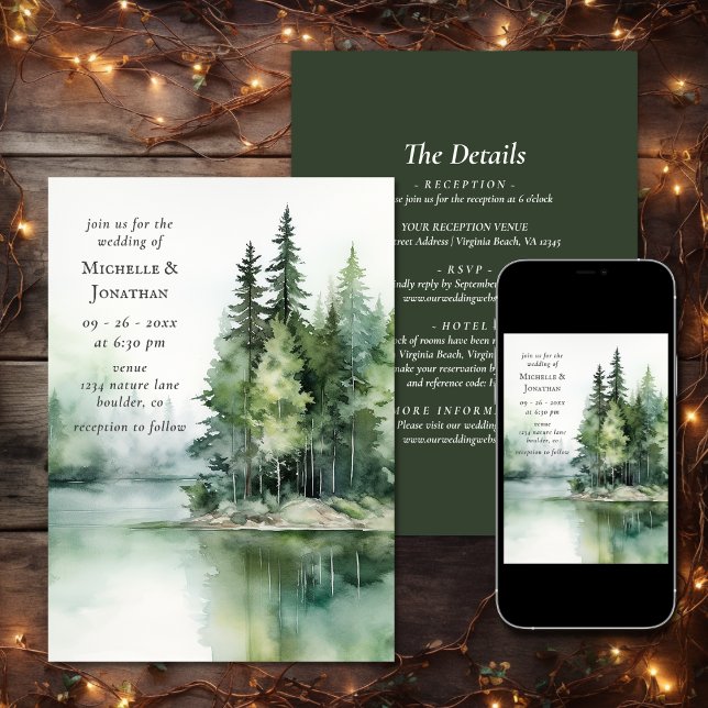 Invitation Forêt boisée Rustique Lake Tout en un Mariage (Rustic Lake Woodland Forest All in One Wedding Invitation)