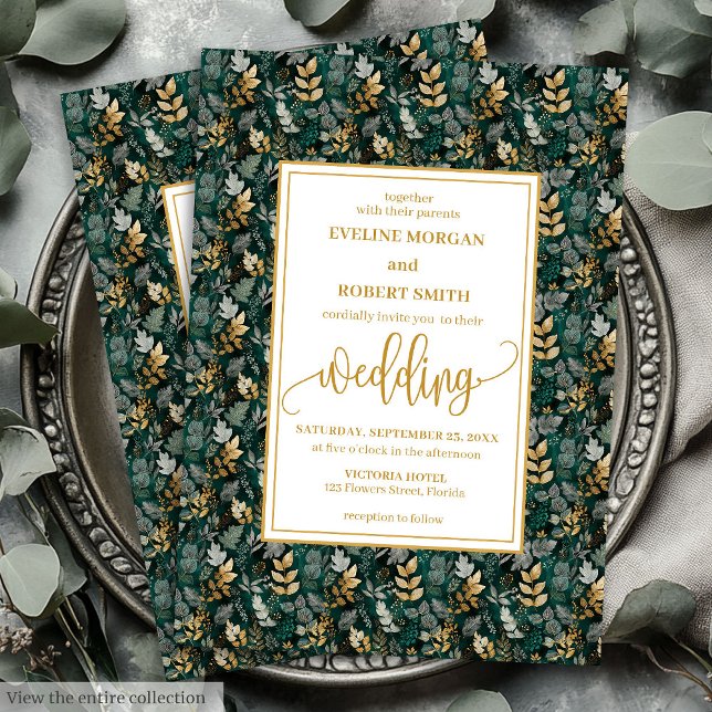 Invitation Forêt classique Green Gold Foliage mariage invite (Classic Forest Green Gold Foliage Wedding Invitation)