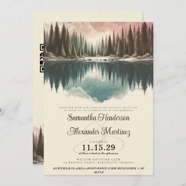 Invitation Forêt d'aquarelle avec Mariage de code QR (Devant / Derrière)