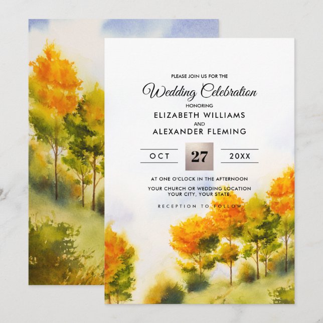 Invitation Forêt d'automne | Arbres d'automne Mariage aquarel (Devant / Derrière)