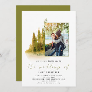 Invitation Forêt d'automne Photo QR Code Olive Green Mariage