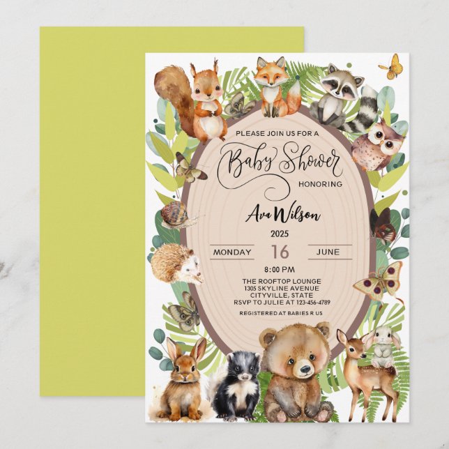 Invitation Forêt de bois Baby shower animal Verdure rustique (Devant / Derrière)