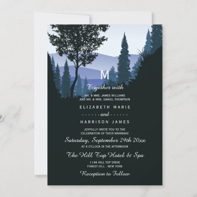 Invitation Forêt de bois bleu, Mariage rustique (Devant)