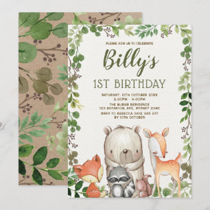 Invitation Forêt de Bois Cute Animaux 1er anniversaire