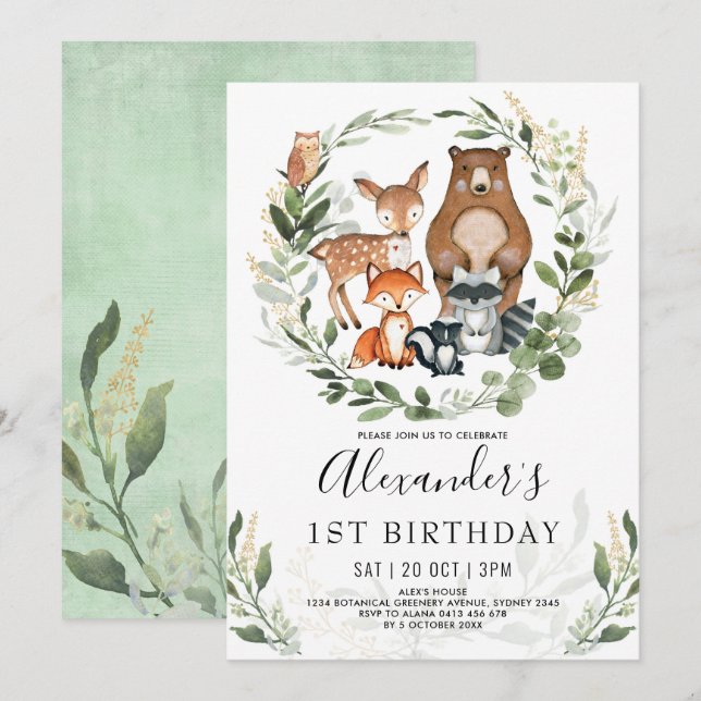 Invitation Forêt de bois douce Animaux 1er anniversaire Garço (Devant / Derrière)