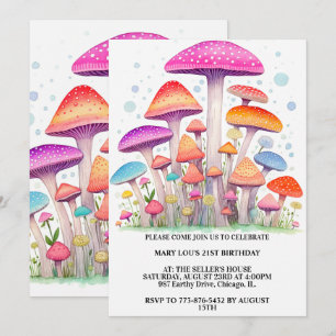 Invitation Forêt de champignons colorés Art fête d'anniversai