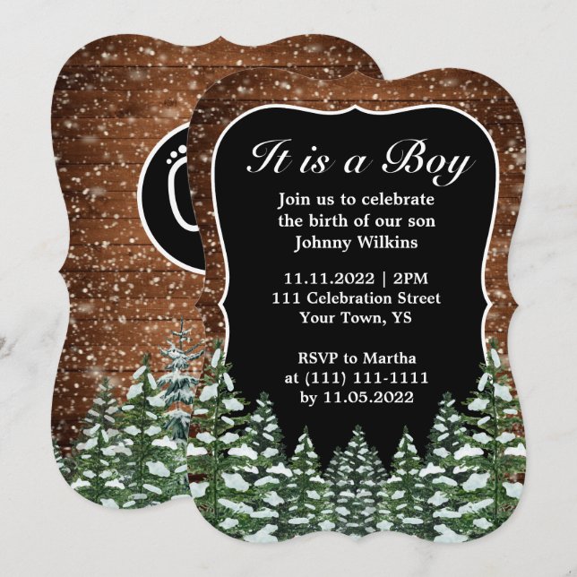 Invitation Forêt de neige Pine Bébé Garçon Fête de naissance (Devant / Derrière)
