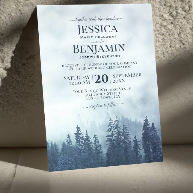 Invitation Forêt de pin bleu foncé Rustique Mariage extérieur (Créateur téléchargé)