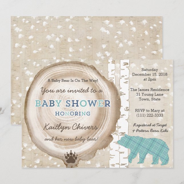 Invitation Forêt de Tartan avec ours Baby shower d'hiver pour (Devant / Derrière)