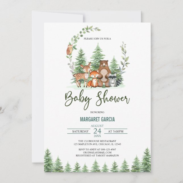 Invitation Forêt de verdure Baby shower des animaux de bois (Devant)