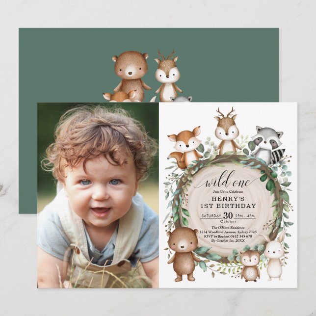 Invitation Forêt de Whimsical Forêt d'animaux sauvages Un ann (Devant / Derrière)