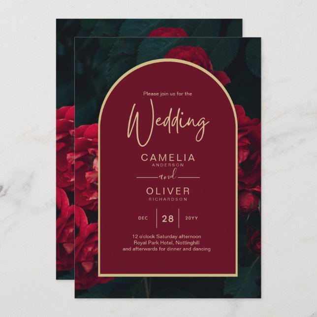Invitation Forêt des Roses Rouges Vert Mariage d'hiver (Devant / Derrière)