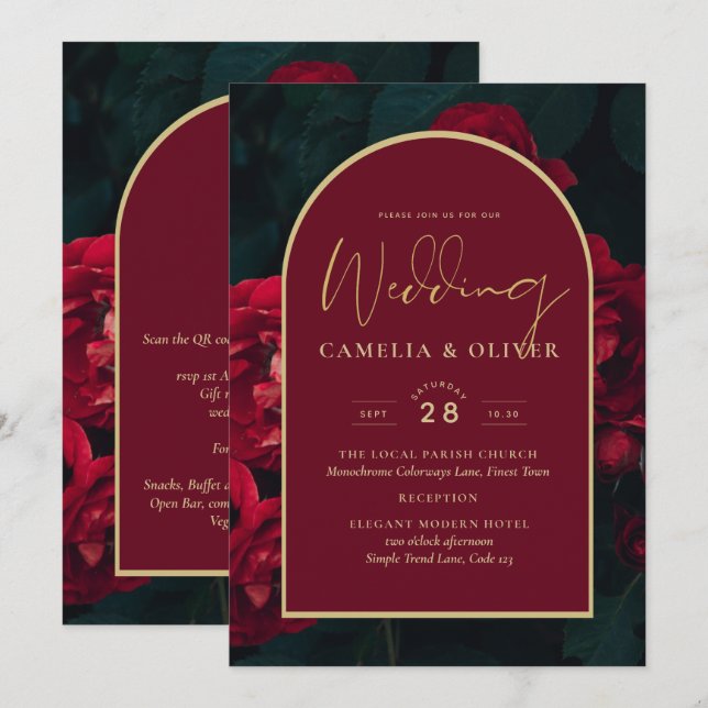 Invitation Forêt des Roses Rouges Vert Mariage d'hiver (Devant / Derrière)
