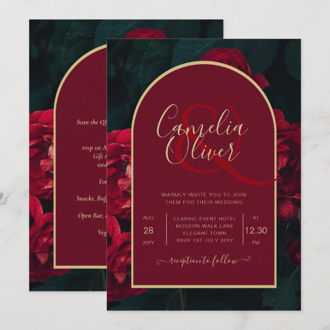 Invitation Forêt des Roses Rouges Vert Mariage d'hiver (Devant / Derrière)