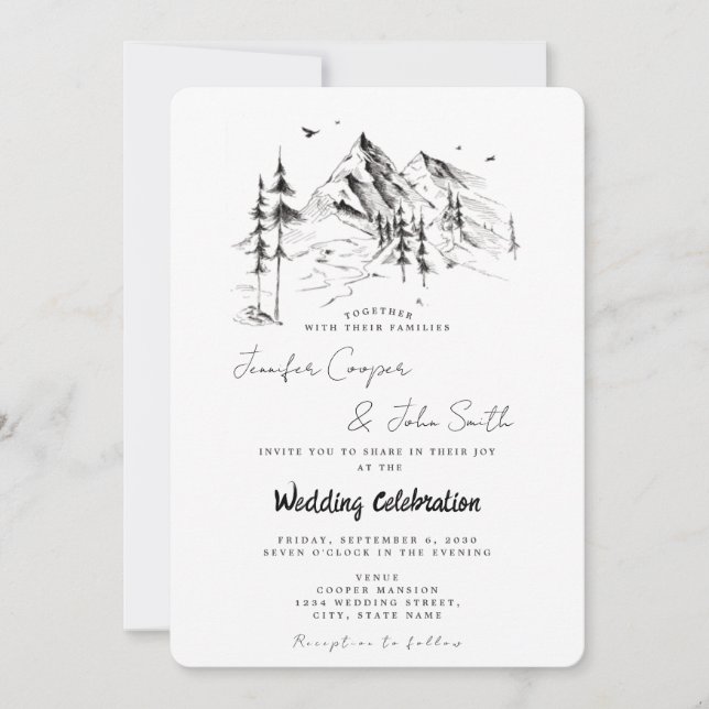 Invitation Forêt dessinée à la main et mariage de destination (Devant)