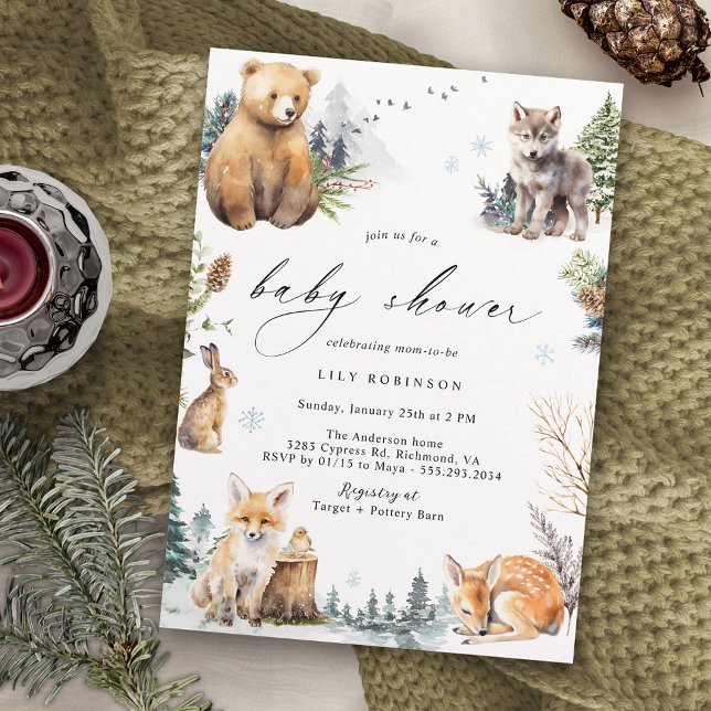 Invitation Forêt d'hiver | Baby shower boisé Neutre mignon (Créateur téléchargé)
