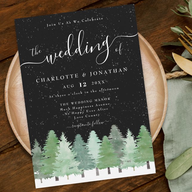 Invitation Forêt d'hiver moderne Mariage noir et blanc (Elegant modern watercolor Woodland Rustic Winter forest black and white wedding invitation)