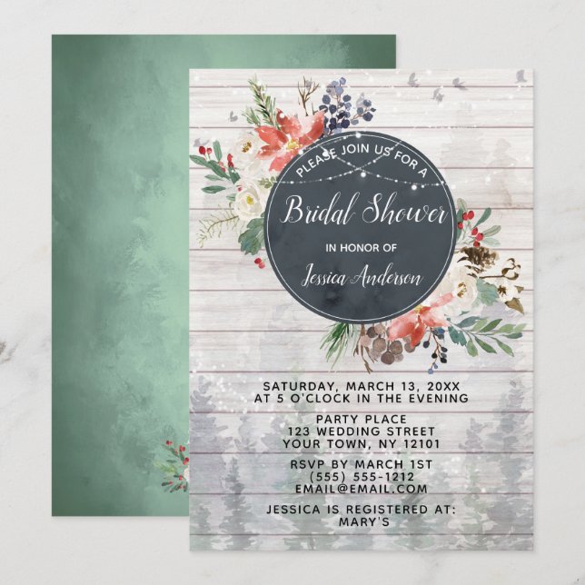 Invitation Forêt d'hiver rustique illumine la Fête des mariée (Devant / Derrière)