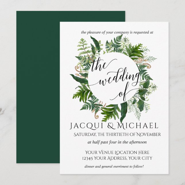 Invitation Forêt Emerald Fern Mariage de feuille de feuillage (Devant / Derrière)