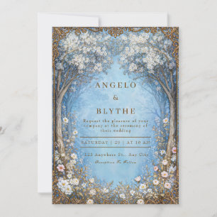 Invitation Forêt Enchantée Bleu Brumeux Cadre Doré Mariage