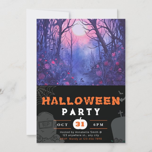 Invitation Forêt enchantée bleue et violette Halloween noir (Devant)
