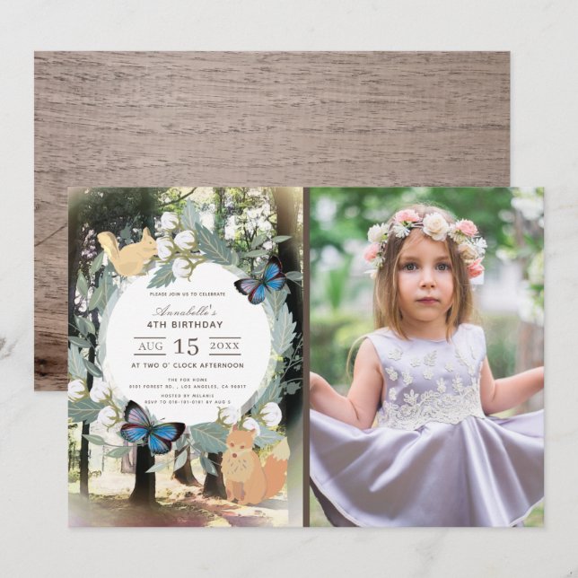 Invitation Forêt enchantée Bois Animaux Photo Anniversaire (Devant / Derrière)