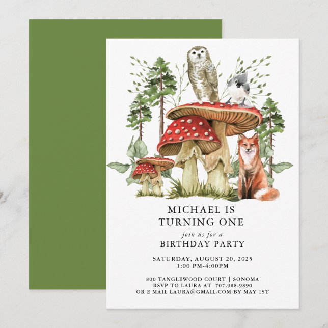 Invitation Forêt Enchantée Bois Bois Premier anniversaire (Devant / Derrière)