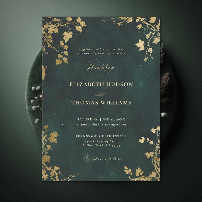 Invitation Forêt enchantée Cadre minimal Or Mariage moderne (Enchanted Forest Emerald Green Draped Greenery Minimal Frame Modern Calligraphy Wedding Invitation)