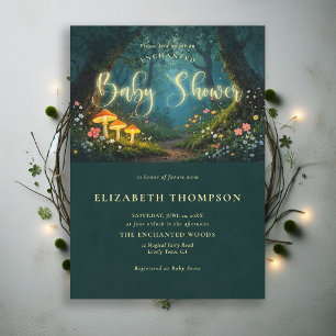 Invitation Forêt Enchantée Champignons Lumineux Script Baby S