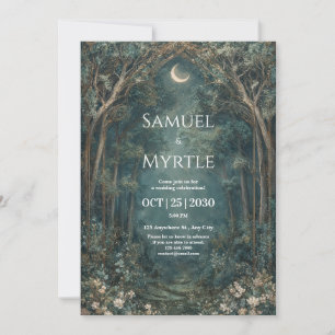 Invitation Forêt Enchantée Dorée Croissant de Lune Bleu Turqu