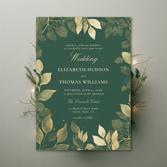 Invitation Forêt enchantée Faux Gold Foliage Élégant mariage (enchanted forest wedding invitation gold foliage emerald green magical bespoke dark moody)