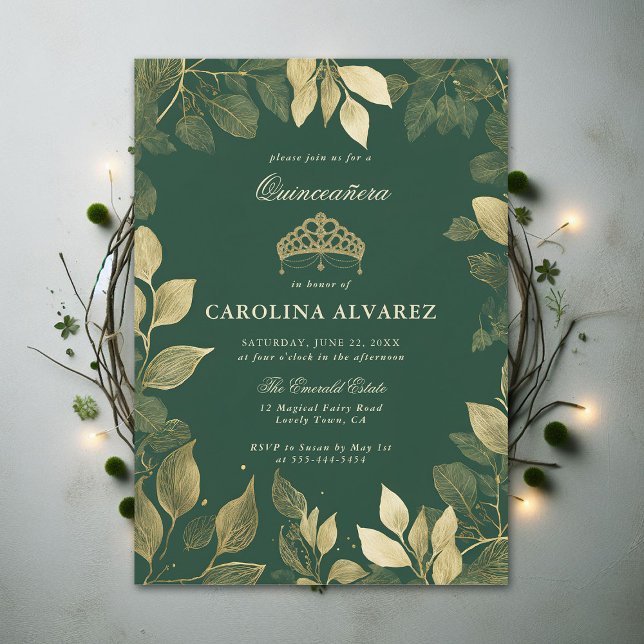 Invitation Forêt enchantée Faux Gold Foliage Quinceanera (enchanted forest quinceanera green invitation faux gold foliage elegant modern chic theme)