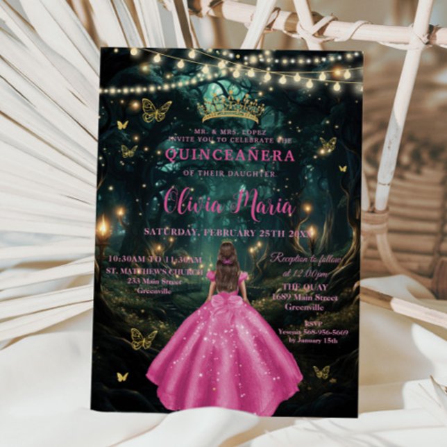Invitation Forêt enchantée Fuchsia Robe rose XV Quinceañera (Créateur téléchargé)