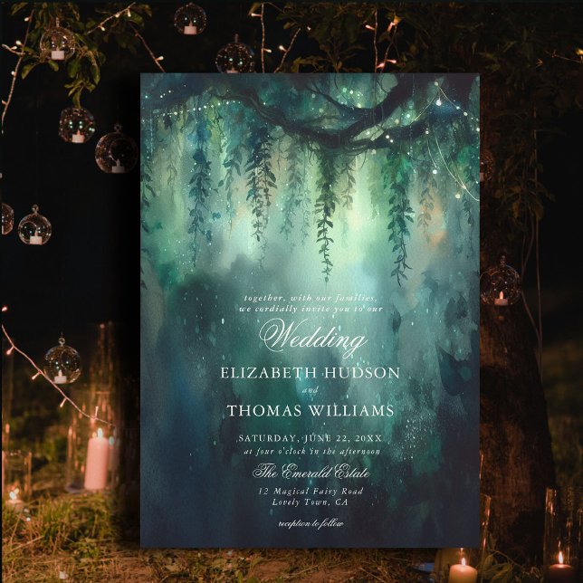 Invitation Forêt Enchantée Hangement de verdure Mariage de fé (enchanted forest wedding invitation elegant magical fairy greenery garden foliage overhanging vines)