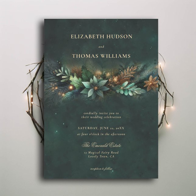Invitation Forêt enchantée Magique Garland Fairytale Mariage (enchanted forest wedding invitation emerald gold garland modern classic)