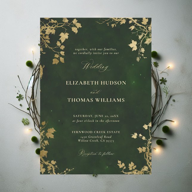 Invitation Forêt enchantée Mariage magique minime cadre or (Enchanted Forest Hunter Green Draped Greenery Minimal Frame Modern Calligraphy Wedding Invitation)